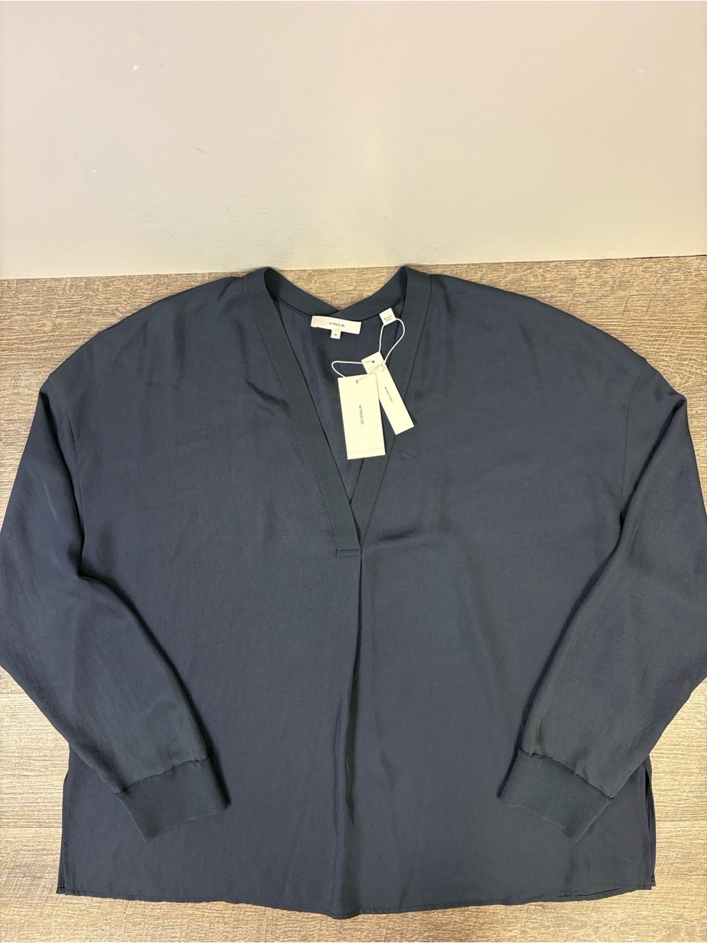 Vince Mixed Media V-Neck Rib Trim Blouse Coastal Blue XL NWT $265